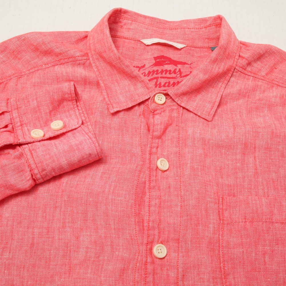 Tommy Bahama Shirt Men Extra Large Pink Linen Pocket Long Sleeves